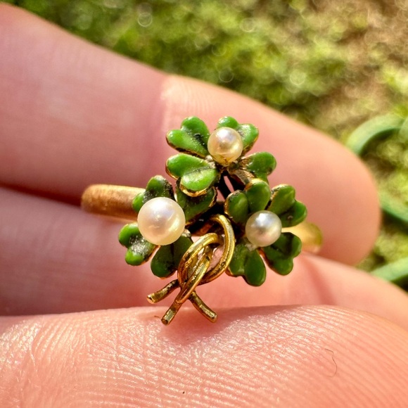 Rare!! Antique solid 10k  pin conversion  4 leaf clover genuine seed pearl ring - Picture 6 of 16